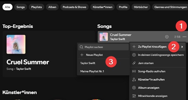 Spotify einzelne Songs zur Playlist hinzufügen PC