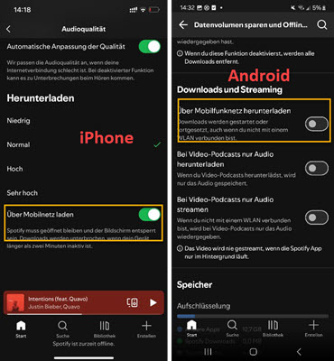 Spotify über Mobilfunknetz herunterladen