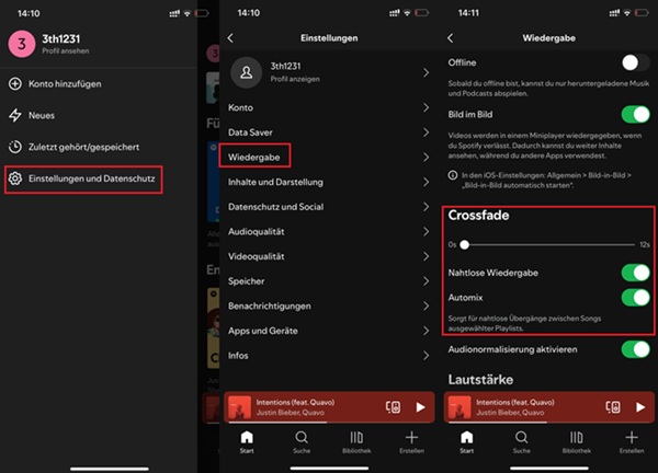 Spotify Übergang einstellen auf dem Handy