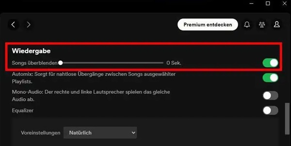 Übergange von Spotify einstellen auf dem PC