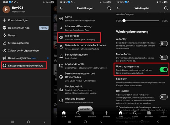 Spotify Übertragungsstatus aktivieren