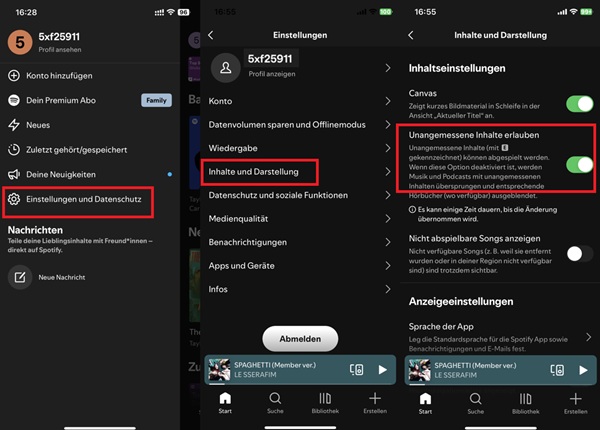 Spotify unangemessene Inhalte erlauben auf iPhone