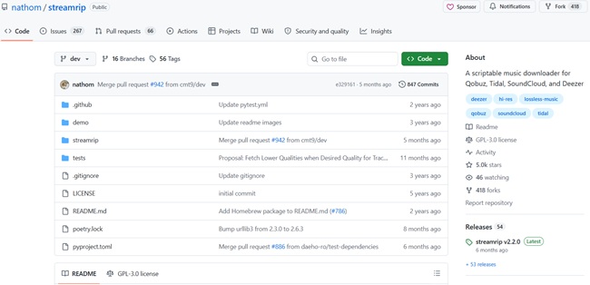 Streamrip-Webseite