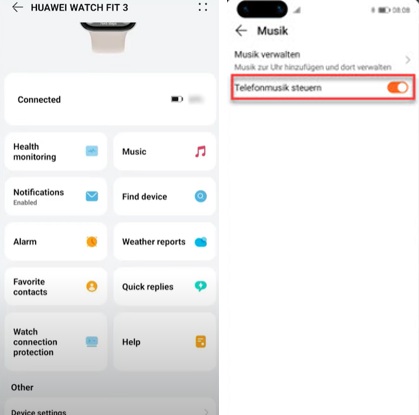 Telefonmusik auf Huawei Watch steuern
