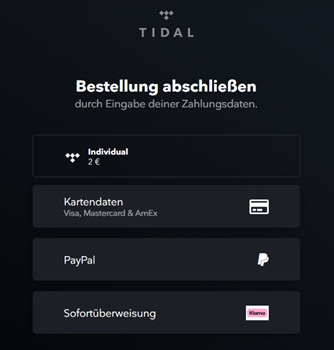 TIDAL Bestellung abschließen
