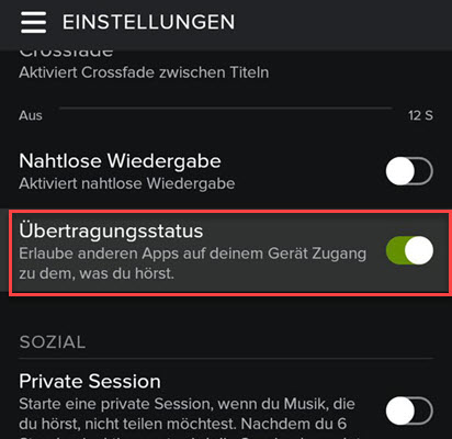 Übertragungsstatus bei Spotify aktivieren