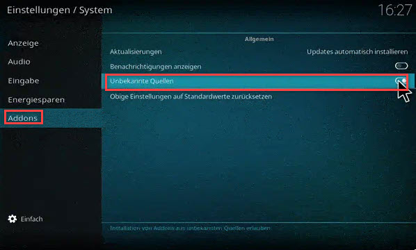 Unbekannte Quellen aktivieren bei Kodi