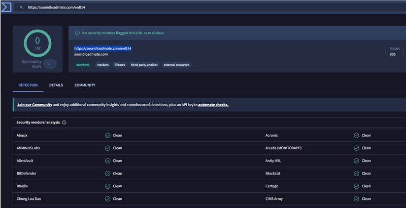 VirusTotal-Prüfung von SoundCloudMate