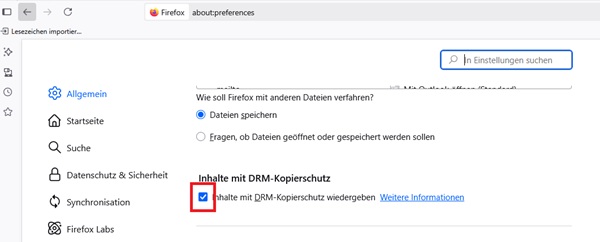 Wiedergabe geschützter Inhalte aktivieren auf Firefox