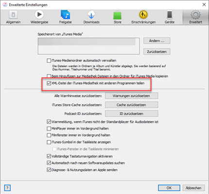 XML-Datei der iTunes-Mediathek mit anderem Programmen teilen