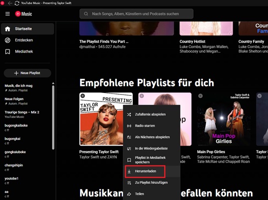 YouTube Music herunterladen im Webplayer