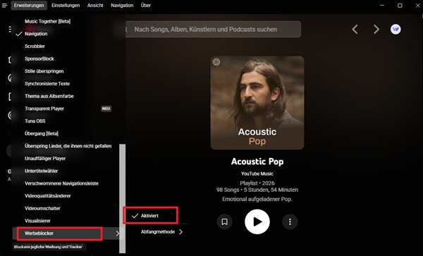 YouTube Music Web Werbeblocker aktivieren