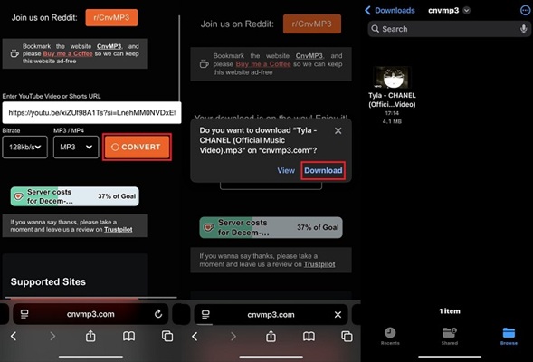 YouTube-MP3-Datei mit CNVMP3 auf Handy speichern