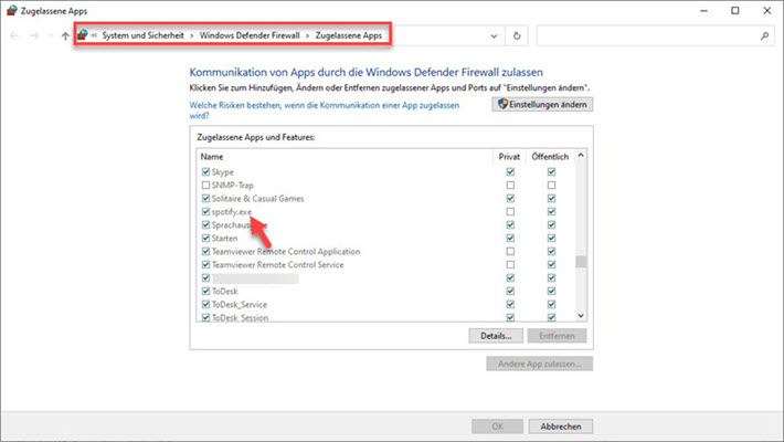 Spotify zulassen bei Firewall Windows