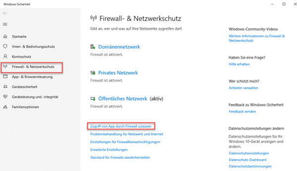 Zugriff von App durch Firewall zulassen